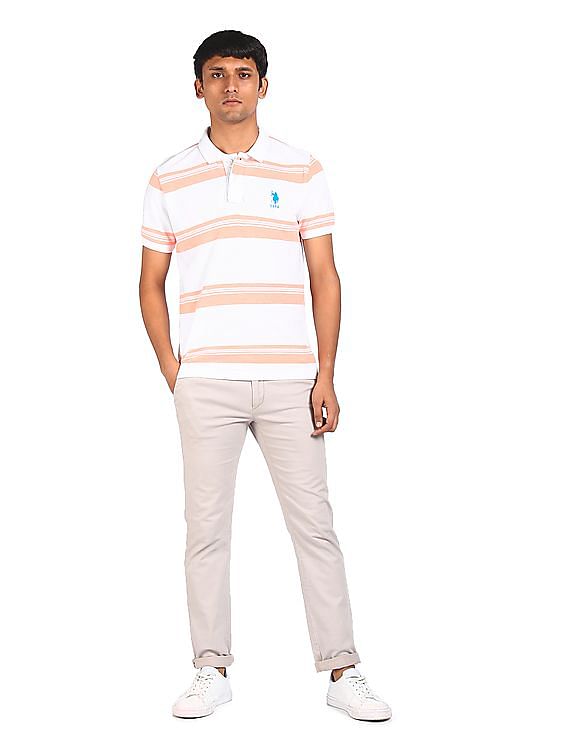 men's pink and white striped polo shirt