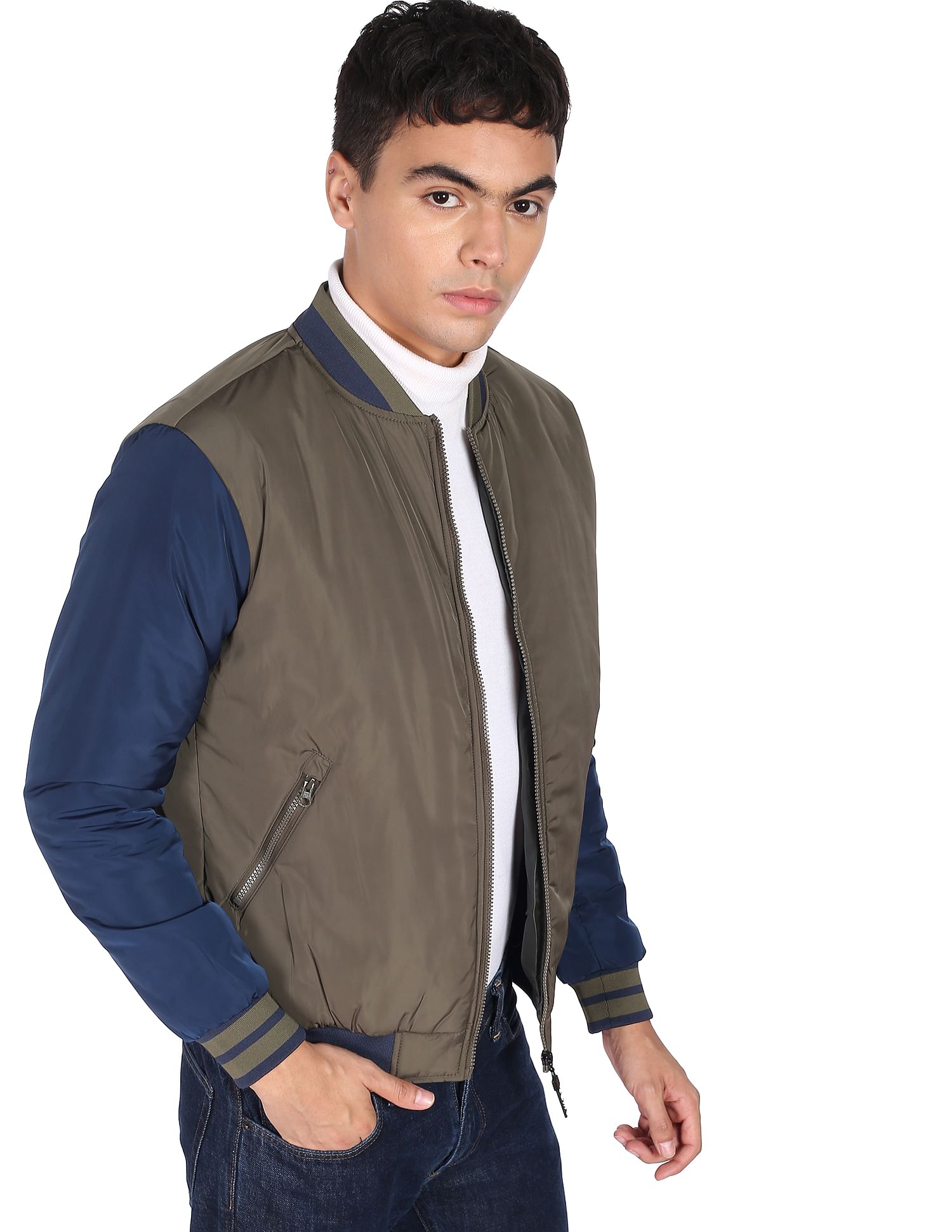Flying Machine Stand Collar Colour Block Bomber Jacket