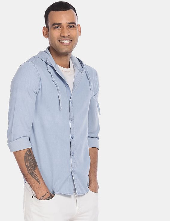 Buy Colt Men Light Blue Drawstring Hood Washed Denim Shirt - NNNOW.com