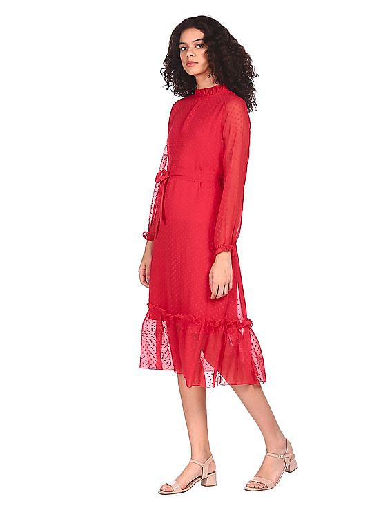 Flying Machine Women Ruffled High Neck Slub Design Dress