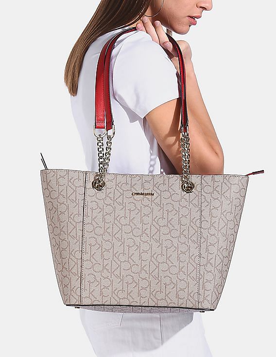 Buy Calvin Klein Women Beige Chain Trim Strap Monogram Tote Bag 