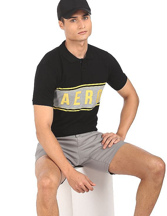 Aeropostale Men Black Ribbed Collar Contrast Stripe Polo Shirt