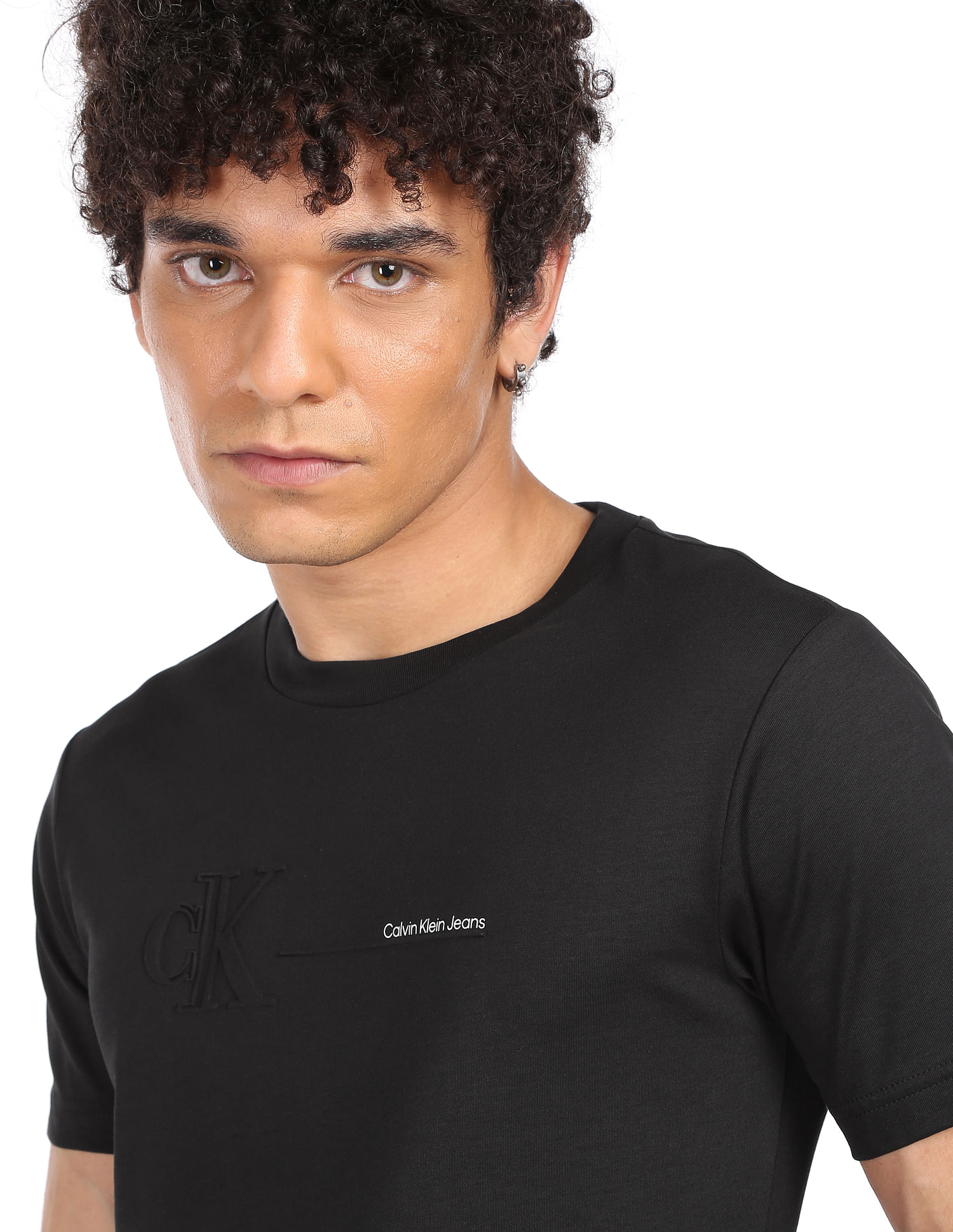 Buy Calvin Klein Men Black Crew Neck Embossed Logo Cotton T-Shirt -  NNNOW.com