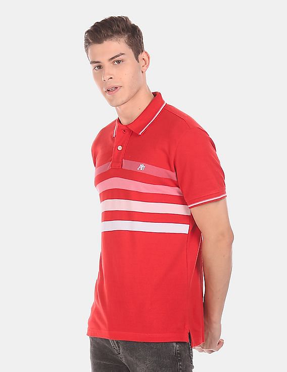Aeropostale Men Red Short Sleeve Striped Pique Polo Shirt