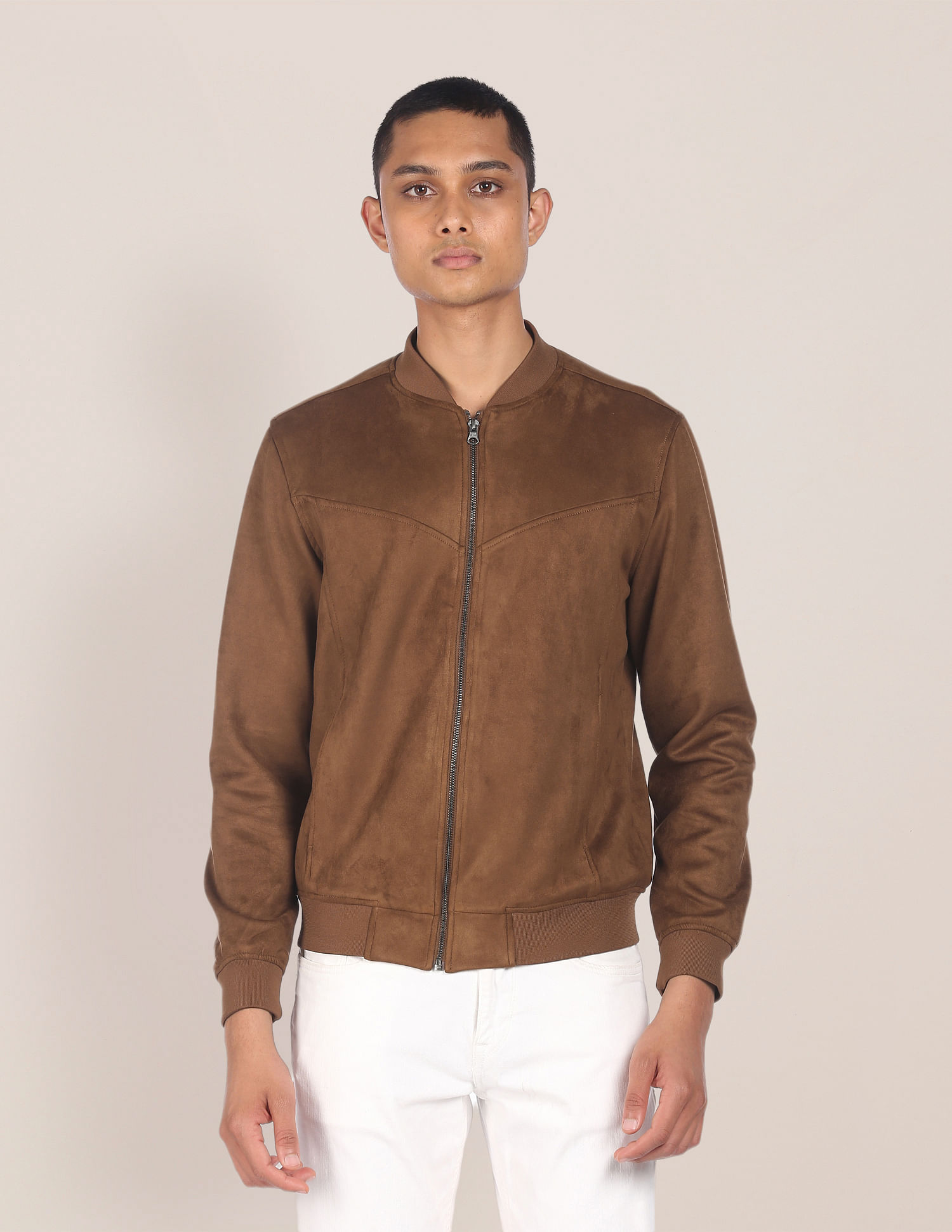U.S. Polo Assn. Men Brown Stand Collar Solid Bomber Jacket
