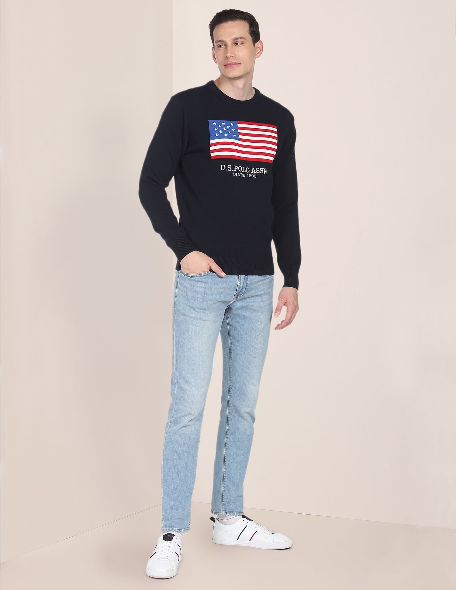 U.S. Polo Assn. Crew Neck Patterned Knit Cotton Sweater