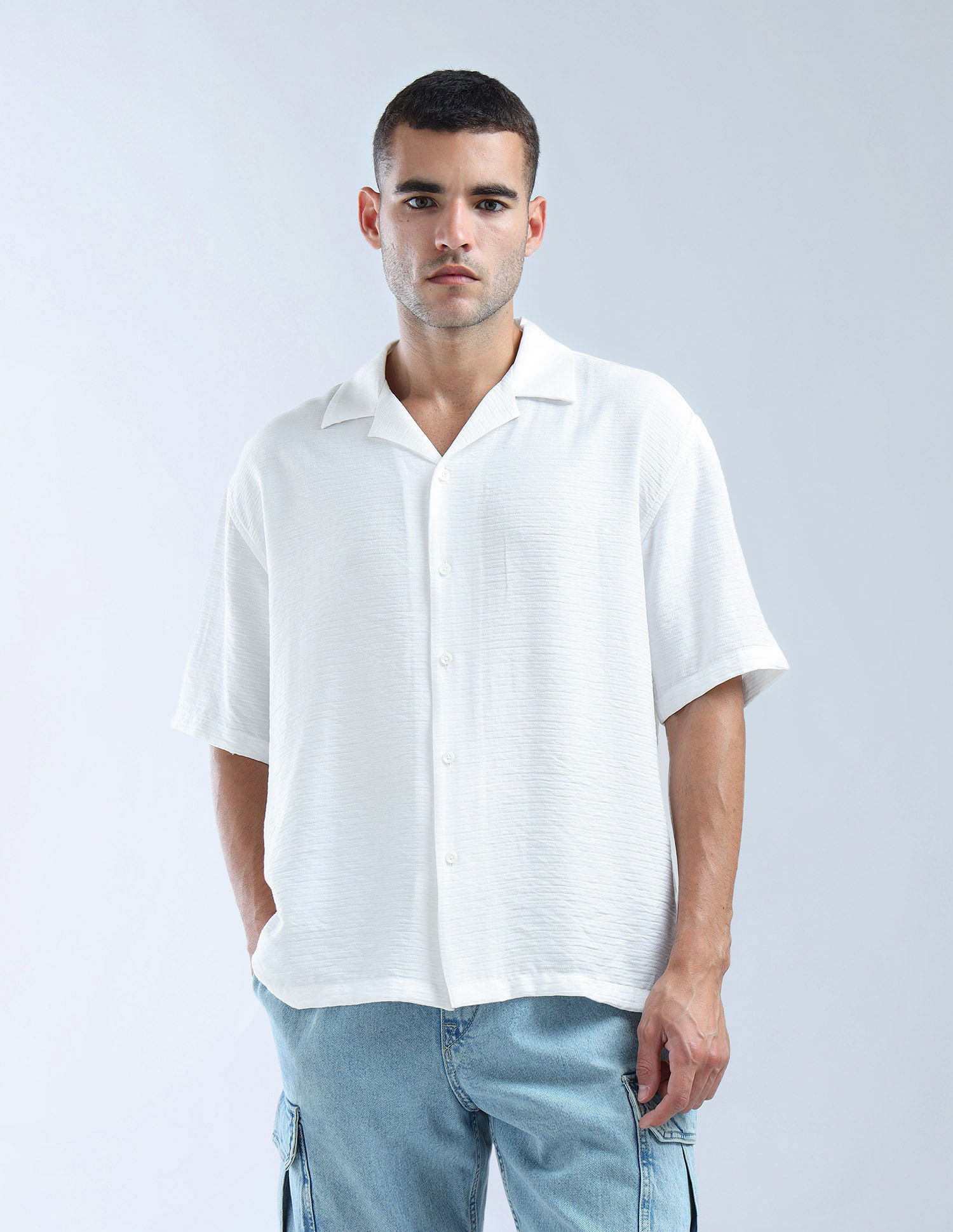 Flying Machine Oversized Fit Herringbone Cuban Shirt