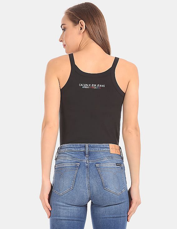 Calvin Klein Underwear Women Black Monogram Logo Print Cotton Bodysuit