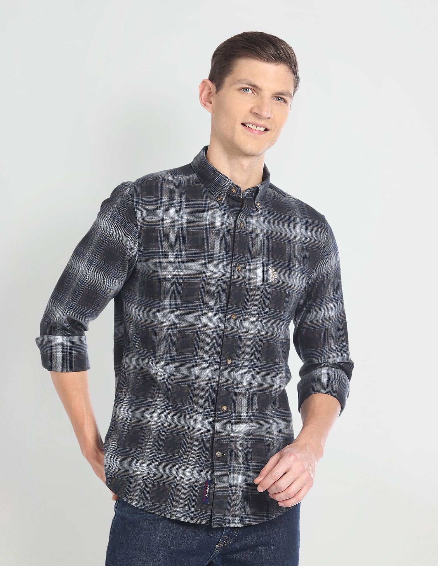 Plaid Collar buy Denim Shirt