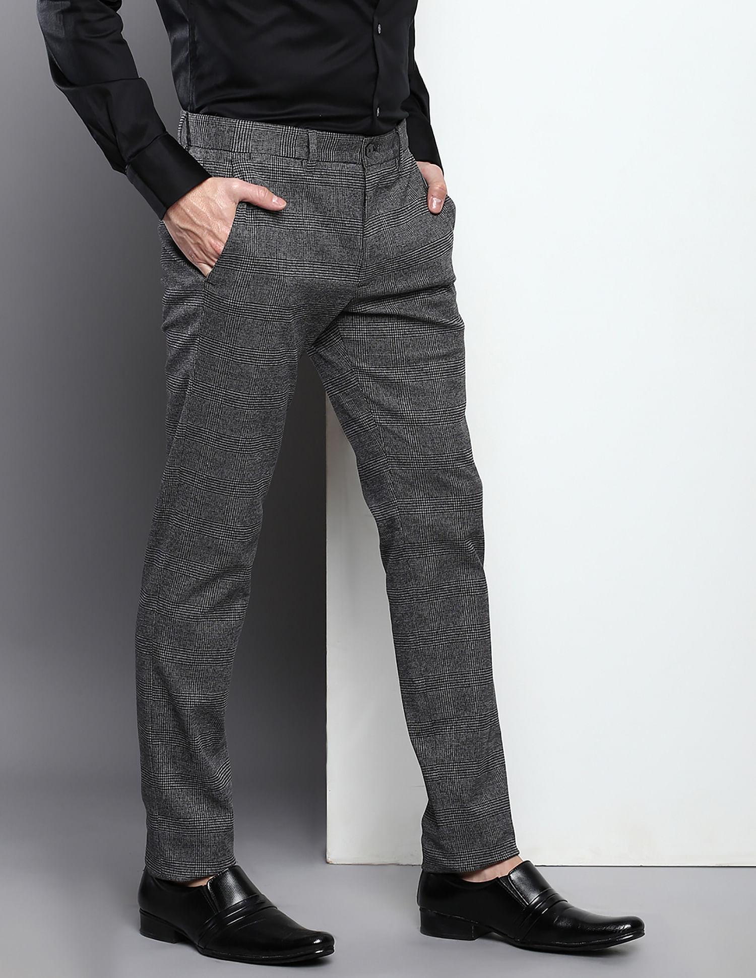 Limehaus | Stone Grey Navy Micro Checked Trousers | Suit Direct
