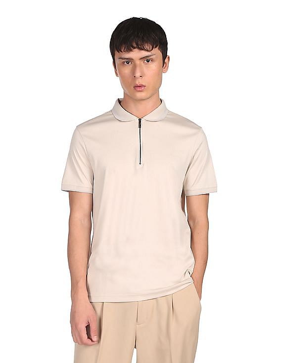 Calvin Klein Men Beige Half Zipper Smooth Cotton Polo Shirt