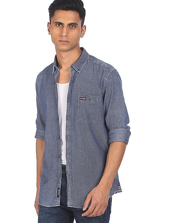 Buy Selected men regular fit solid long sleeves casual denim shirt navy blue  Online | Brands For Less