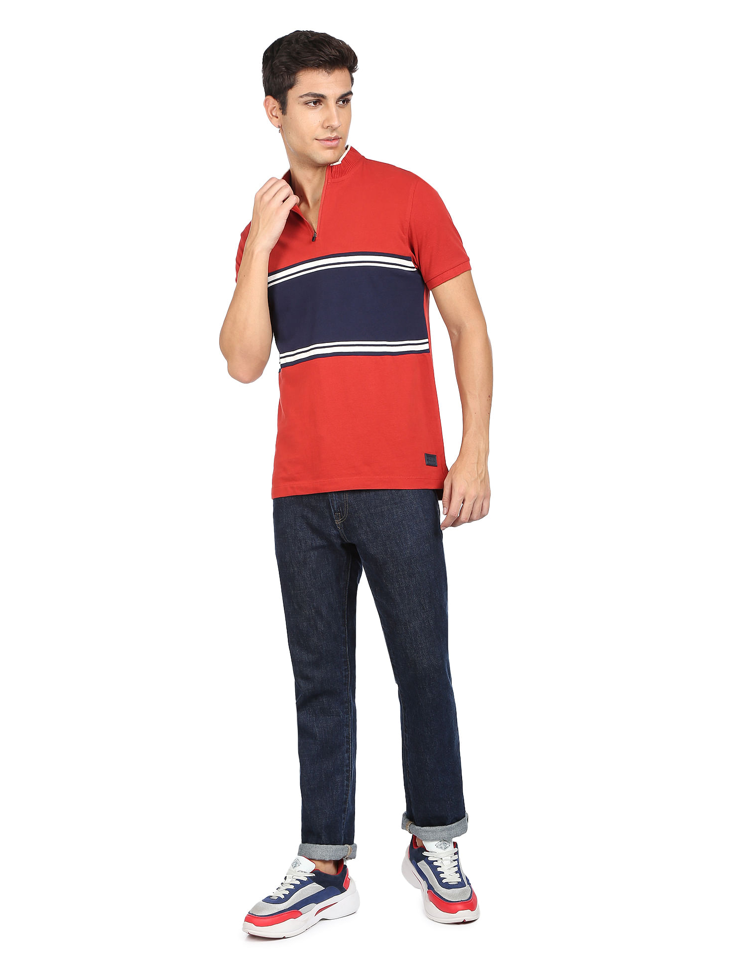 Flying Machine Mock Neck Horizontal Stripe Cotton T-Shirt
