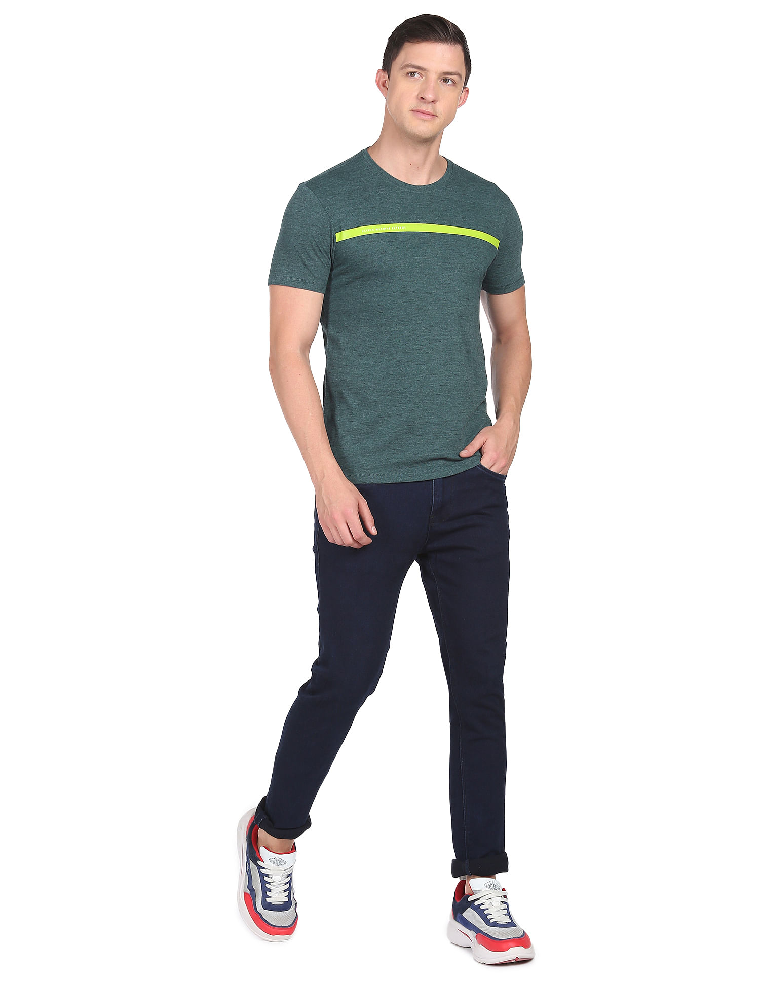 Flying Machine Crew Neck Brand Stripe Heathered T-Shirt