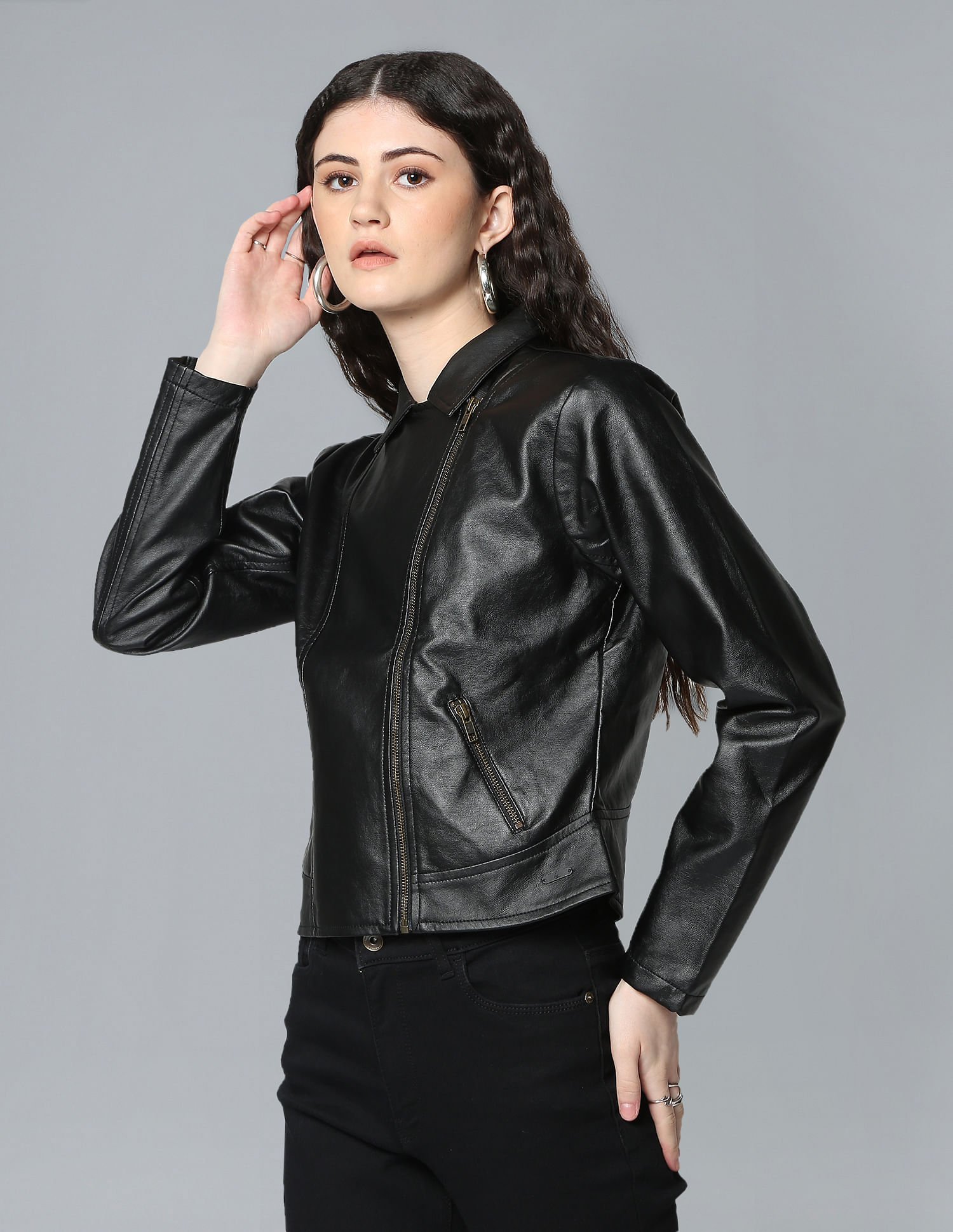 Buy Flying Machine Women Notched Lapel Collar Biker Jacket 