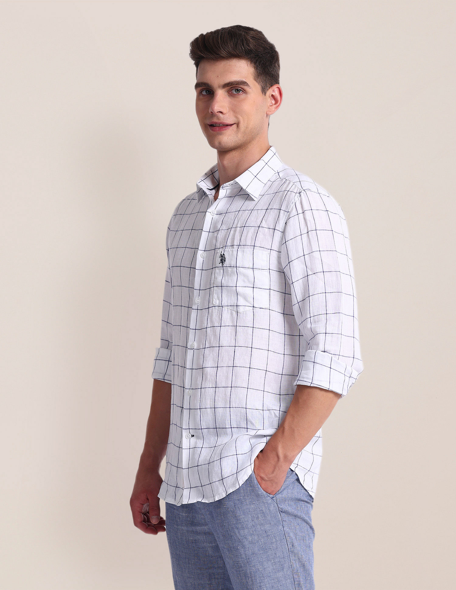 U.S. Polo Assn. Windowpane Check Tailored Fit Linen Shirt