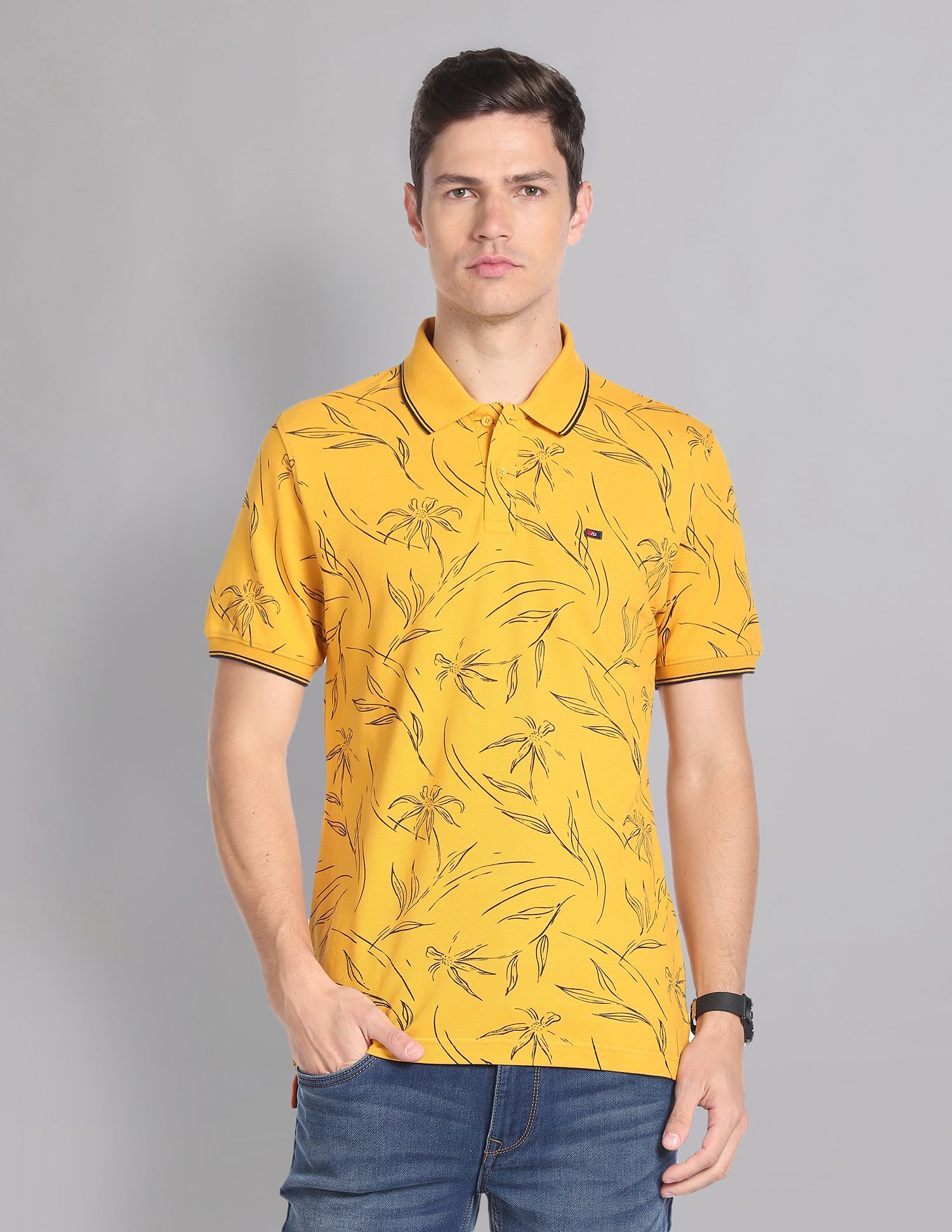 AD by Arvind Floral Print Cotton Polo Shirt