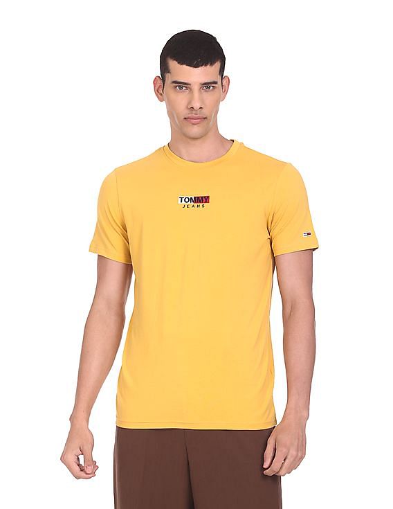 Tommy Hilfiger Men Yellow Vinyl Logo Print Solid T-Shirt