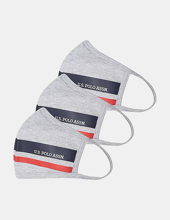 U.S. Polo Assn. Unisex Adults Grey Triple Layer Washable Anti Bacterial Striped Face Masks - Pack Of 3