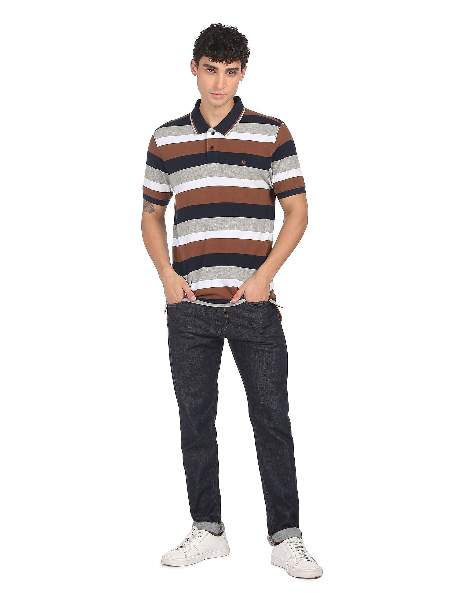 AD by Arvind Cotton Horizontal Stripe Polo Shirt