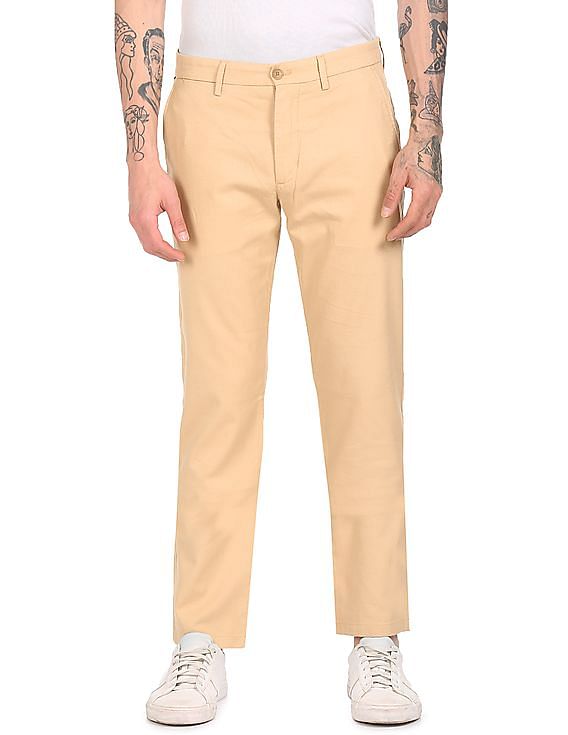 Tommy Hilfiger Men Beige Denton Regular Fit Patterned Casual Trousers