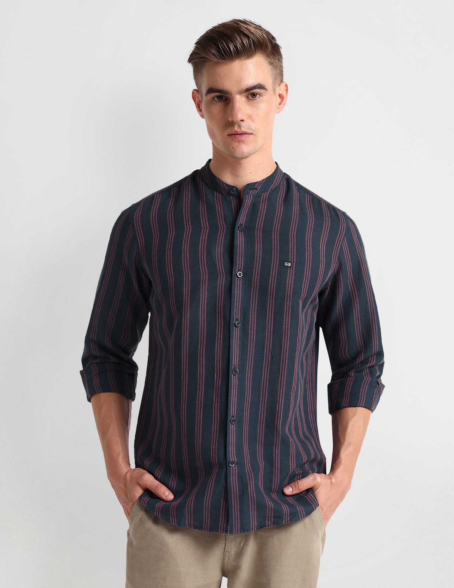 Arrow Sports Mandarin Collar Vertical Stripe Shirt