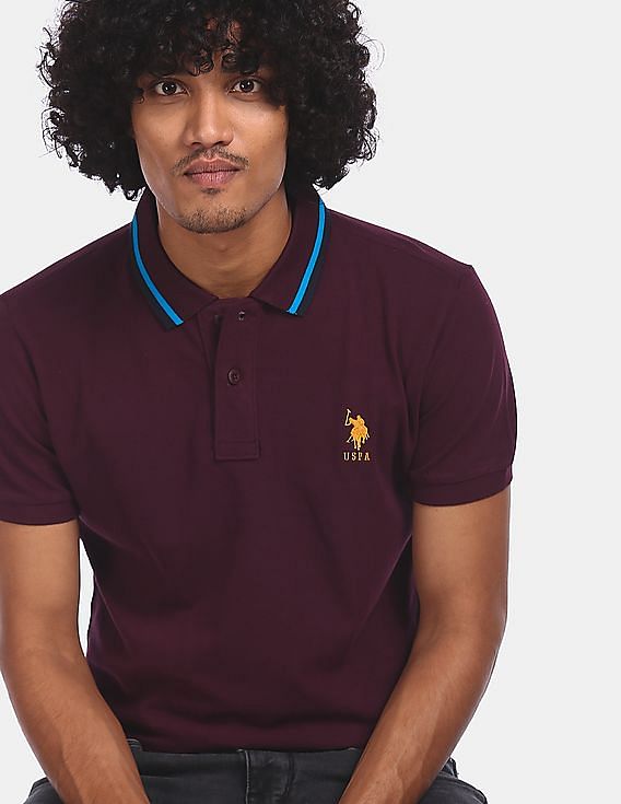 Buy . Polo Assn. Men Dark Purple Tipped Collar Solid Cotton Pique Polo  Shirt 