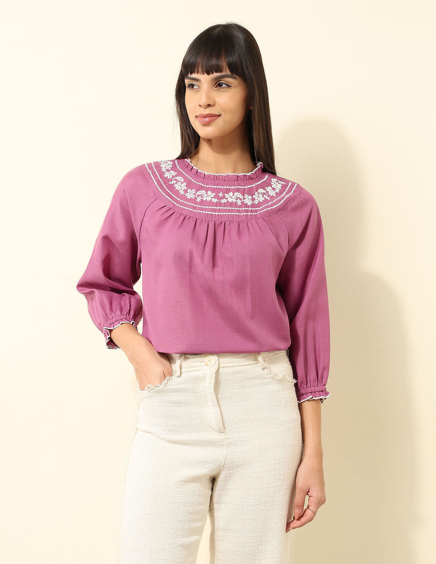 U.S. Polo Assn. Women Yoke Embroidered Frill Top