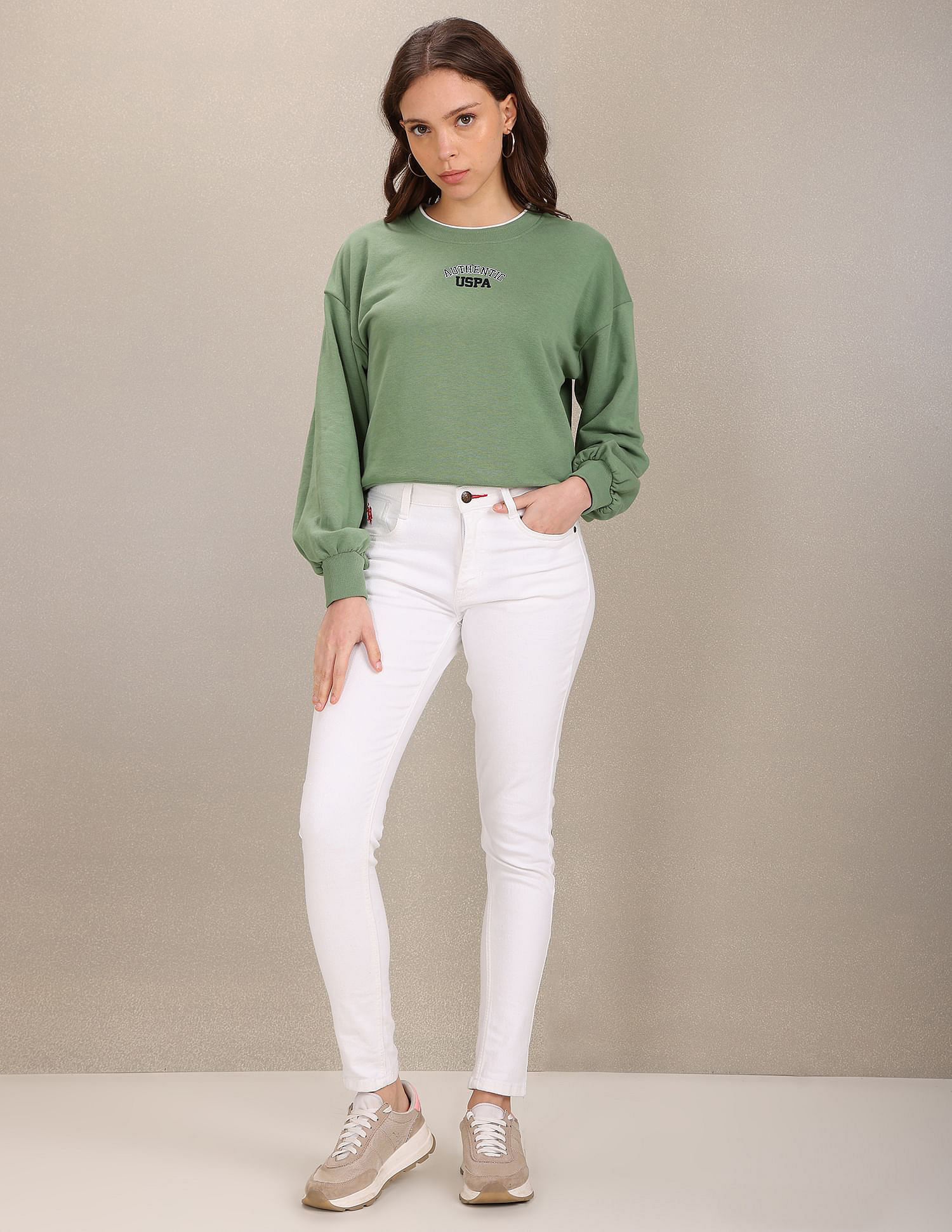 U.S. Polo Assn. Women Tipped Crew Neck Solid Sweatshirt