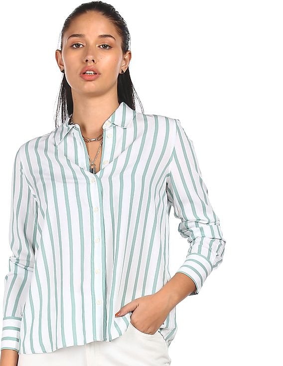 Buy Tommy Hilfiger Women White Spread Collar Striped Shirt - Main Image