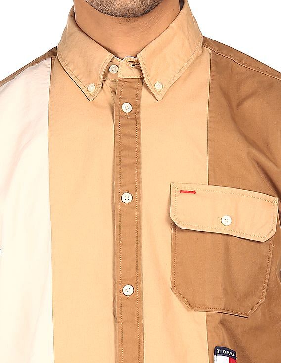 Tommy Hilfiger Men Brown Button Down Collar Color Block Shirt