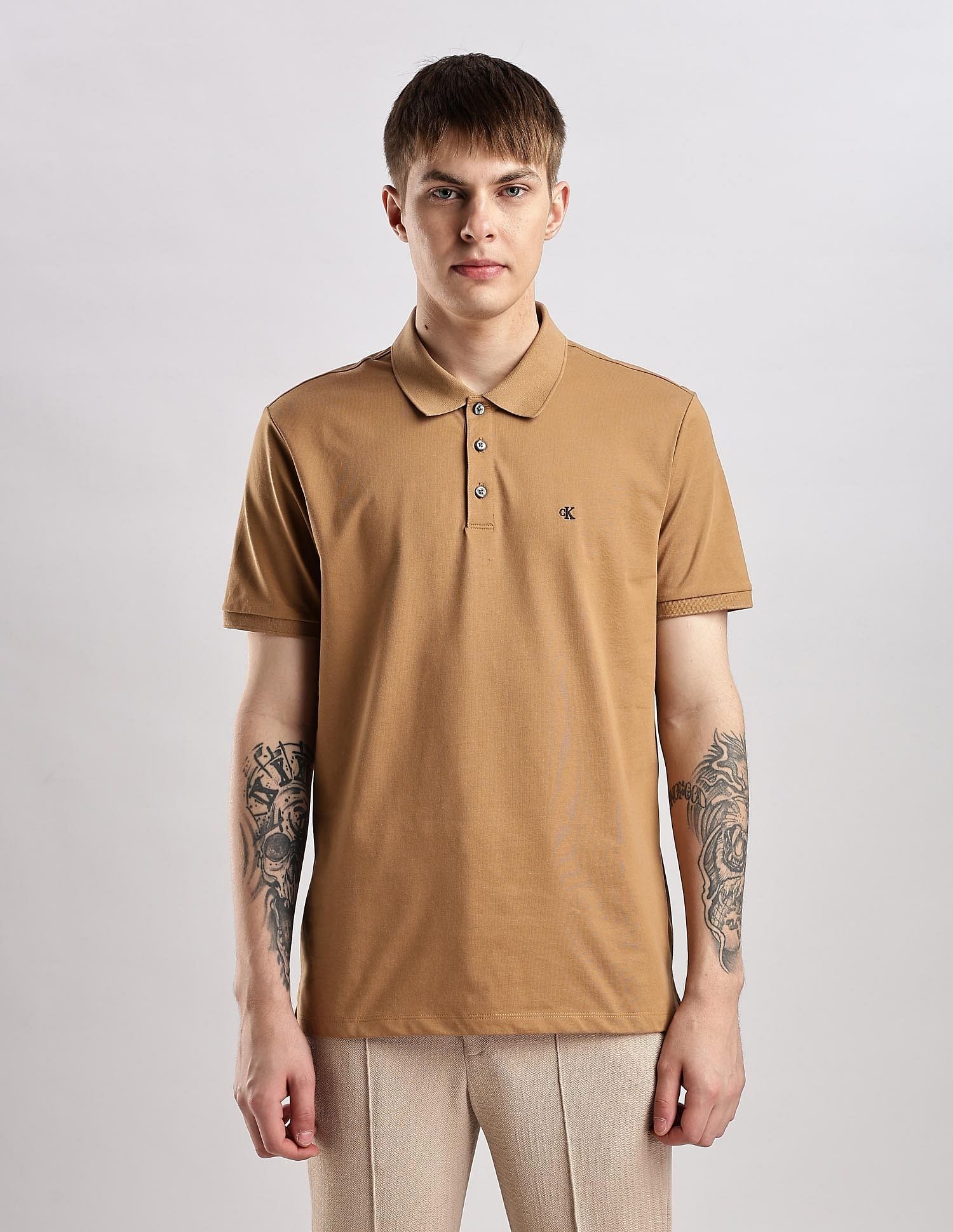 Calvin Klein Jeans Mens Brown Solid Polo Shirts