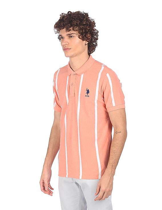 U.S. Polo Assn. Men Peach Striped Short Sleeve Polo Shirt