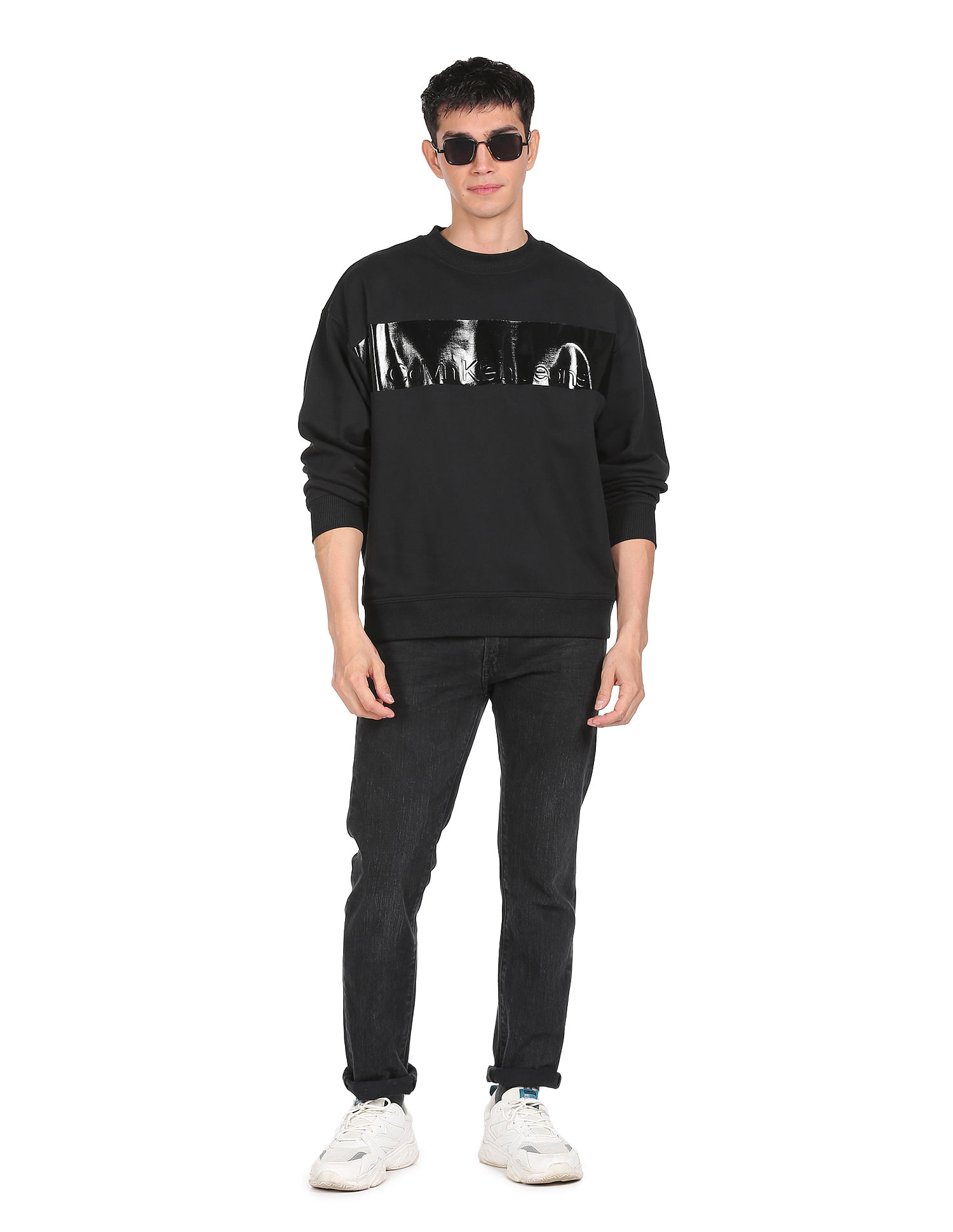 Buy Men Jeans Shiny Neck Black Klein Blocking Crew Institutional Sweatshirt Calvin