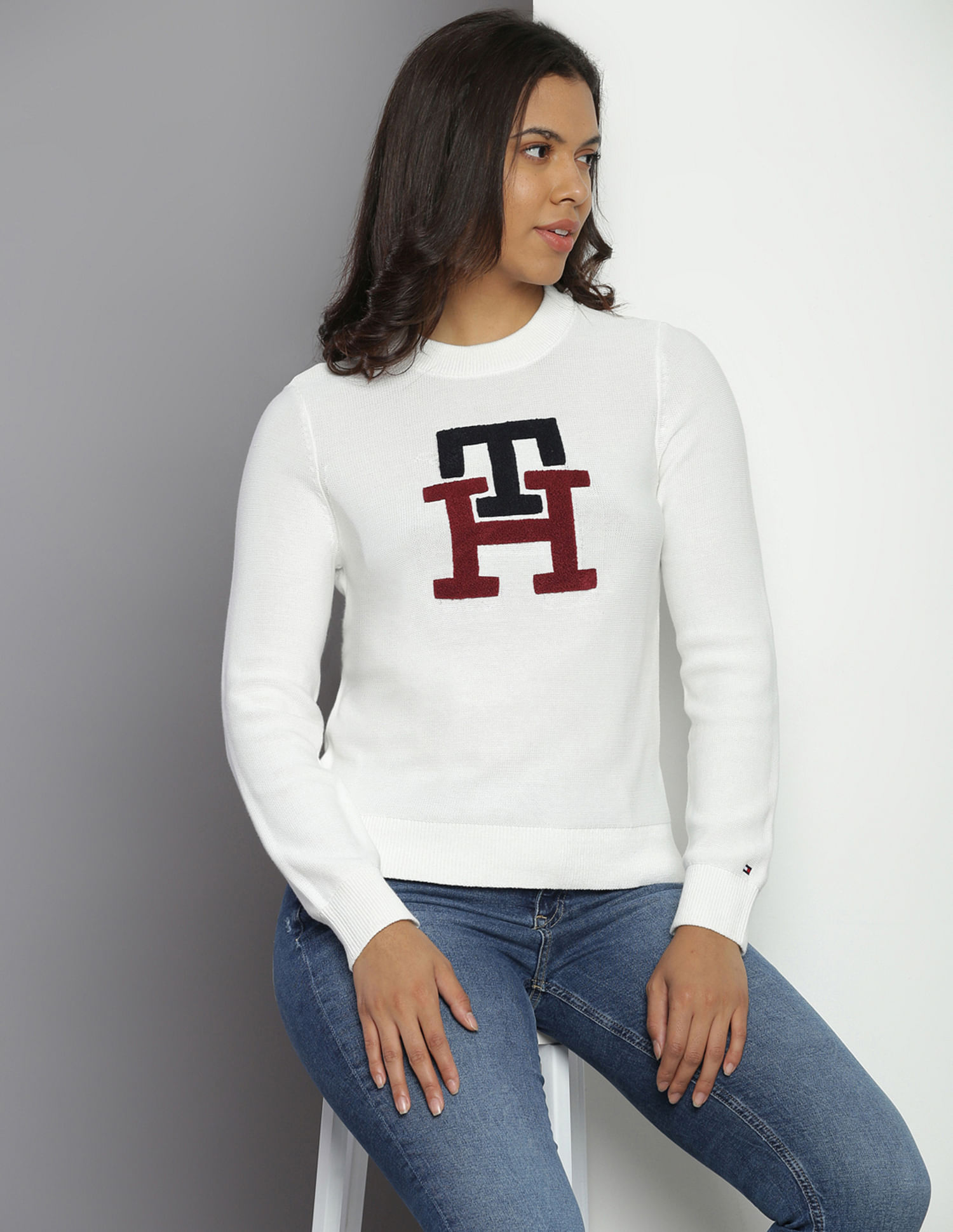 Oversized Tommy Hilfiger Striped Monogram Sweater - 4 You Store