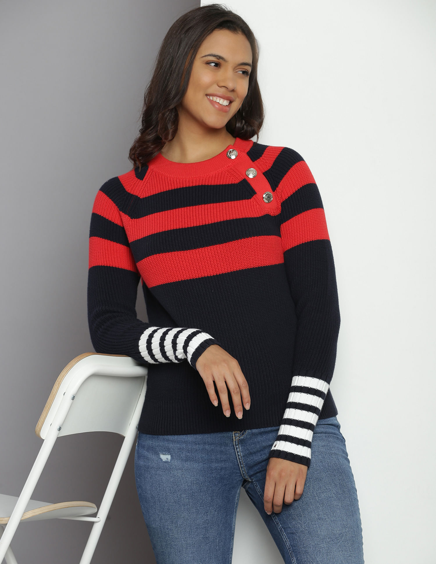 Oversized Tommy Hilfiger Striped Monogram Sweater - 4 You Store