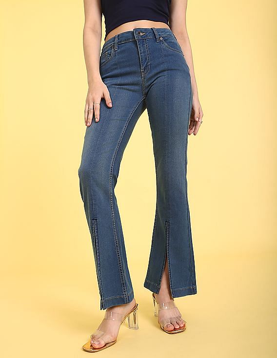 Women's Trendy Bootcut Flare Jeans with Split Leg and Distress
