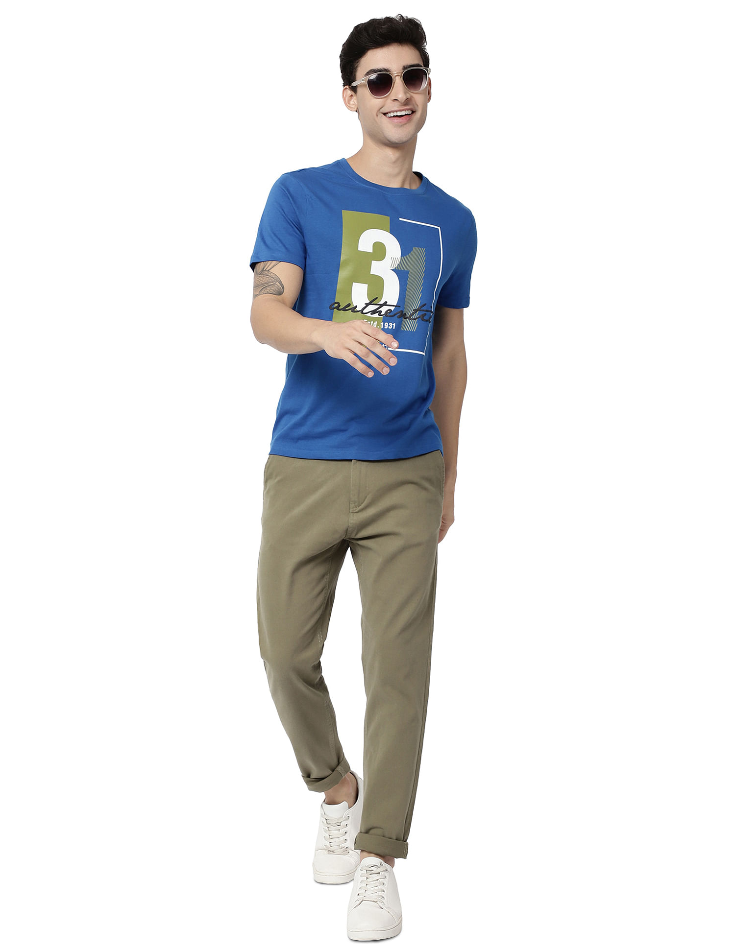 AD by Arvind Crew Neck Typographic Print Cotton T-Shirt