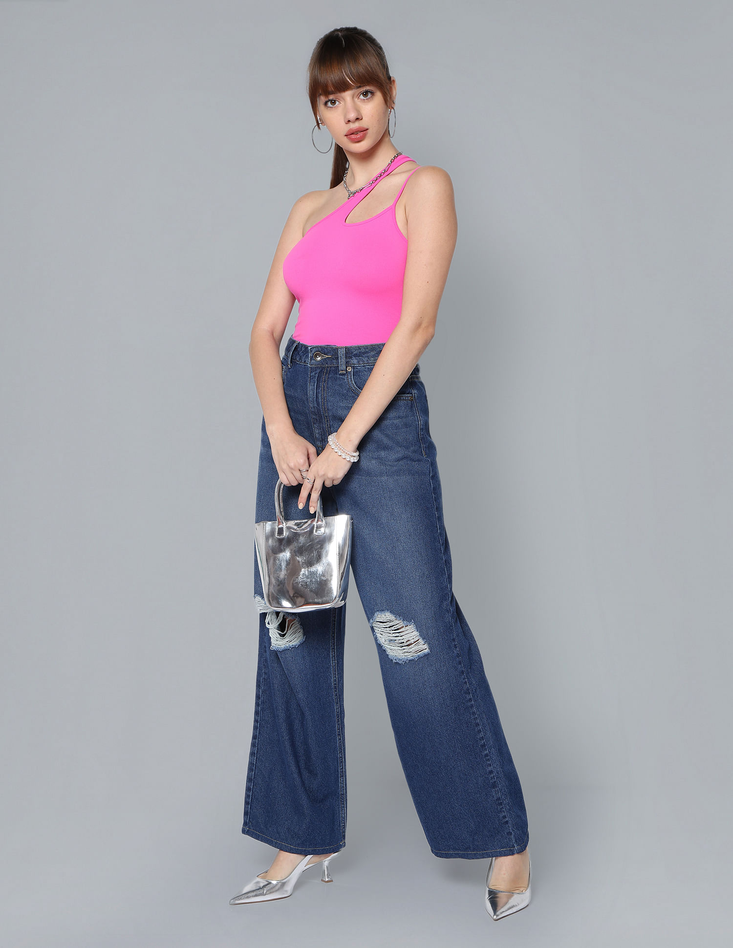 Flying Machine Women High Rise Wide Leg Distressed Jeans