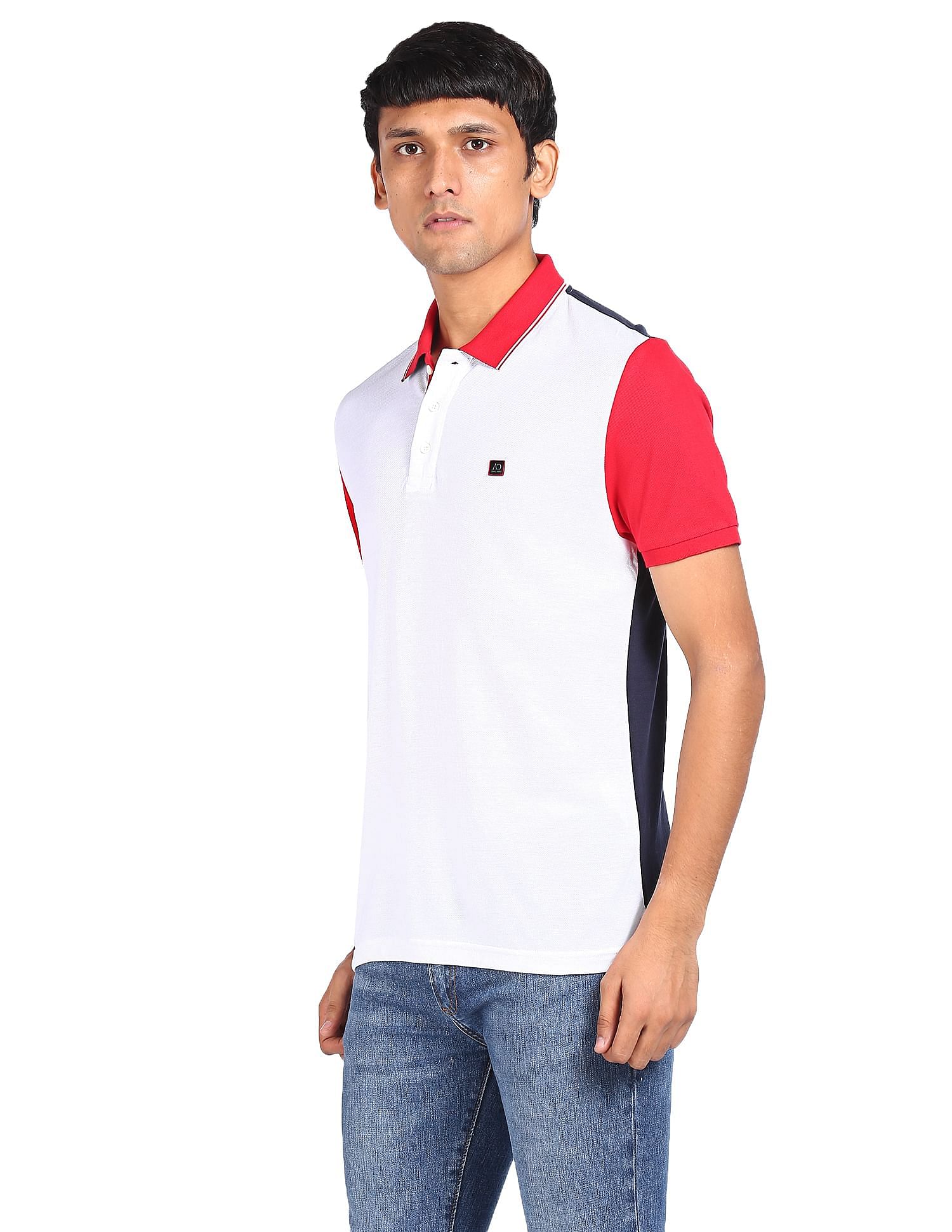 Buy AD by Arvind Men Navy And Yellow Cotton Colour Block Logo Polo Shirt -  NNNOW.com