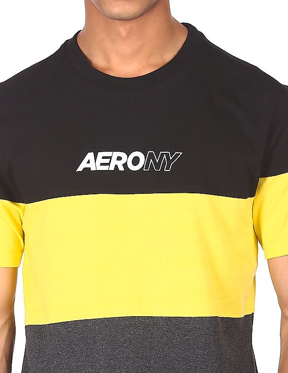 Aeropostale Men Black And Yellow Cotton Colour Block T-Shirt