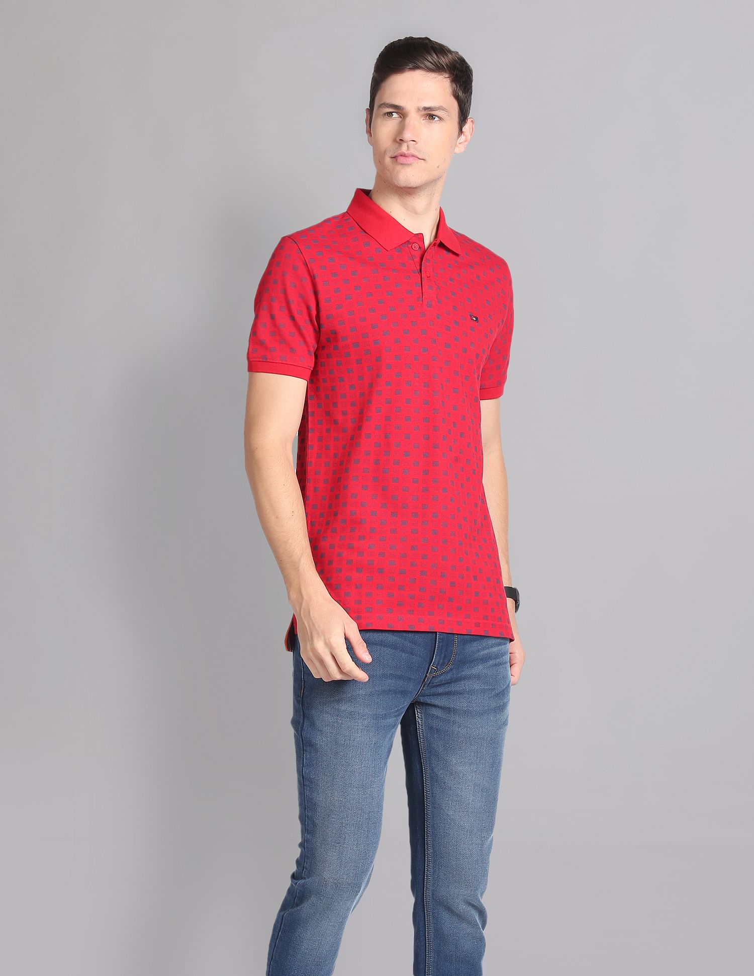 AD by Arvind Geometric Print Cotton Polo Shirt