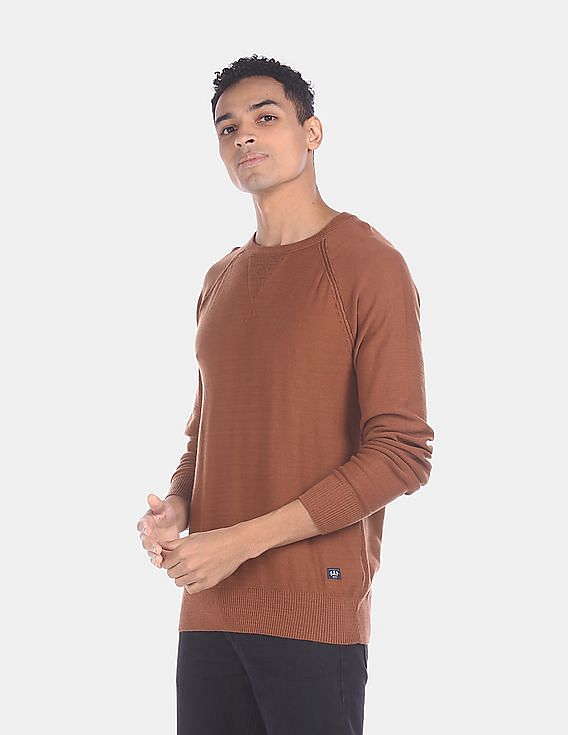 GAP Men Brown Ribbed Crew Neck Solid Sweater