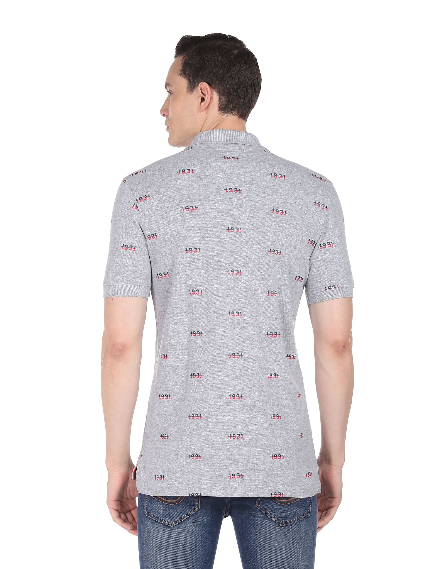 AD by Arvind Heathered Typography Print Cotton Polo Shirt