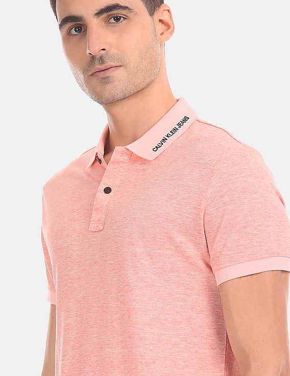 Calvin Klein Men Pink Institutional Heathered Cotton Pique Polo Shirt
