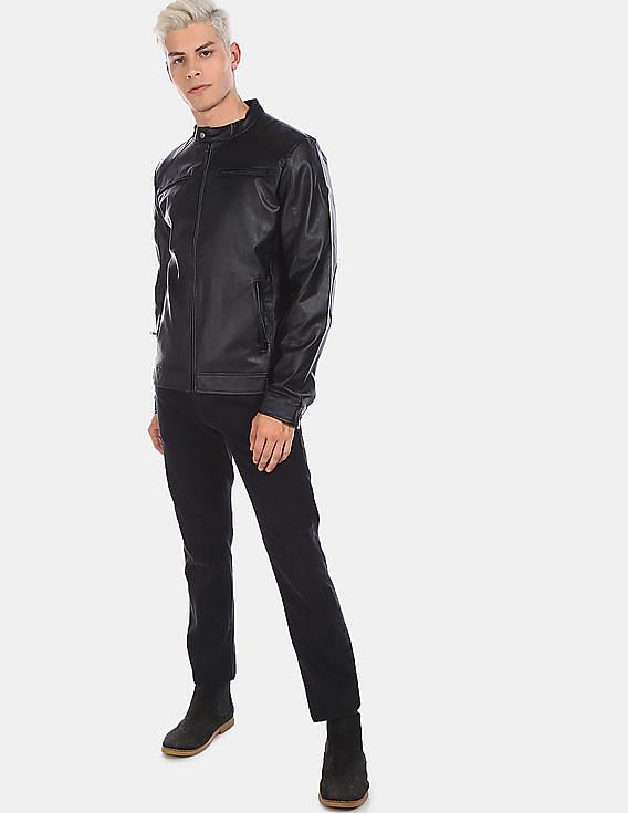 U.S. Polo Assn. Men Black Mandarin Collar Solid Biker Jacket
