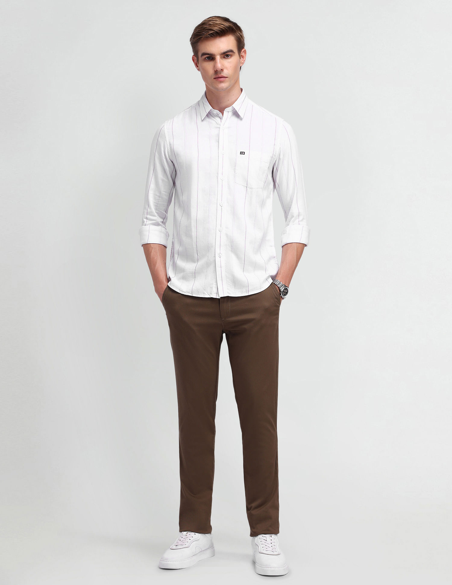 Arrow Sport Manhattan Slim Fit Vertical Striped Shirt