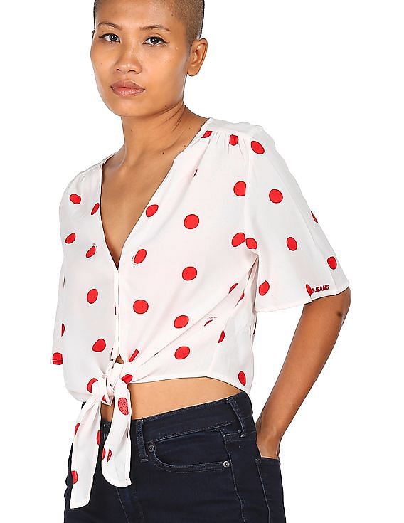 Buy Tommy Hilfiger Women White Polka Dot Print Tie-Up Front