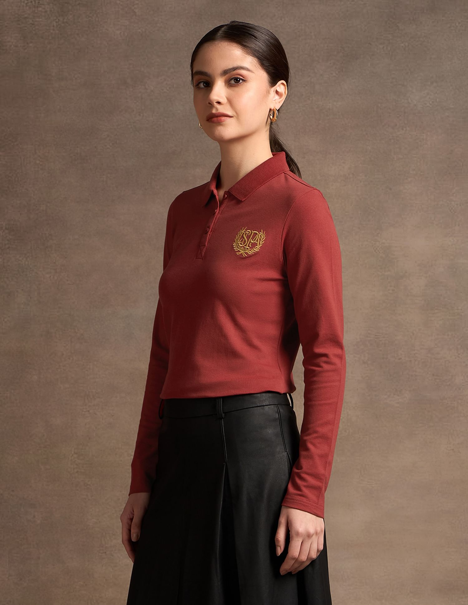 U.S. Polo Assn. Women Crest Logo Long Sleeve Polo Shirt