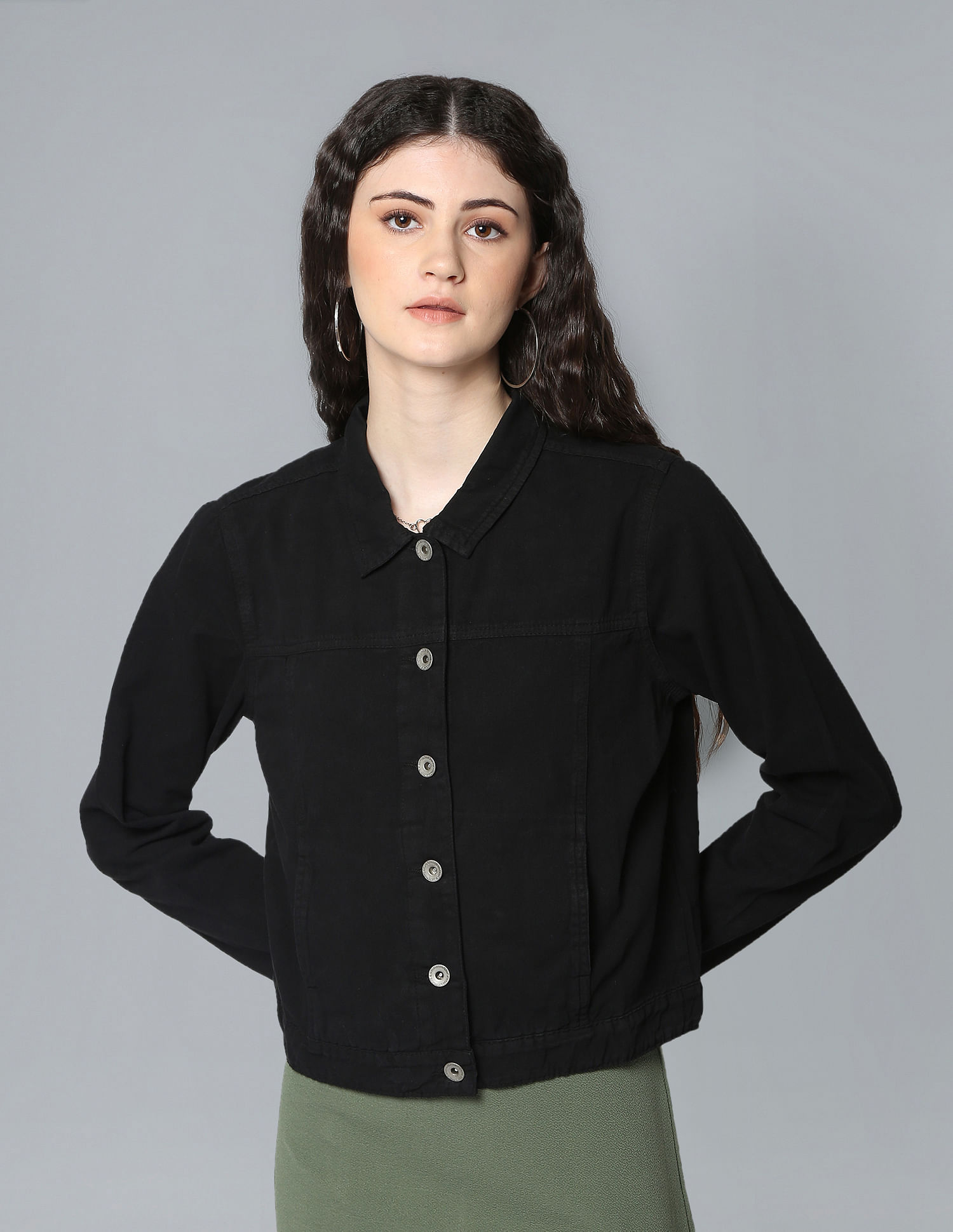 Flying Machine Women Spread Collar Solid Denim Jacket